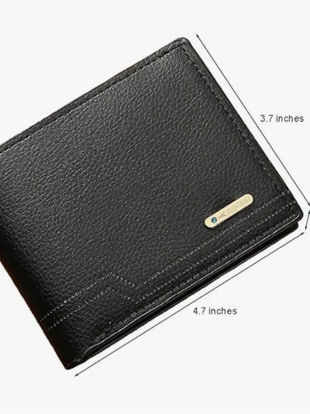 Men's Black Bifold Wallet with Metal Logo Plate Slim Design Black Leather